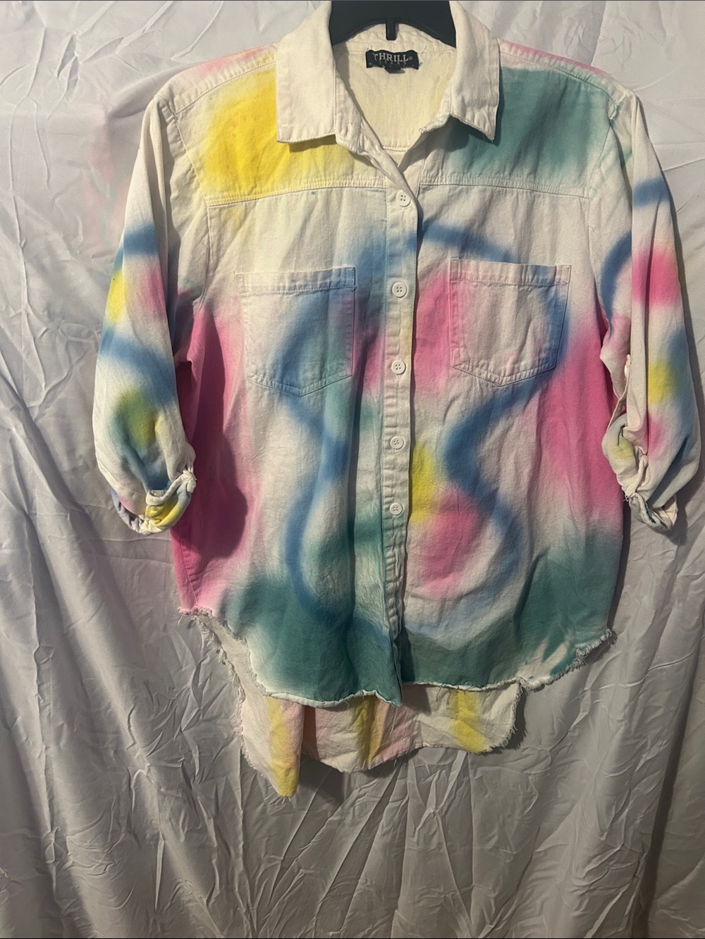 Thrill Pastel Spray-Paint Button-Up Shirt — Pink, Yellow, Blue, Green